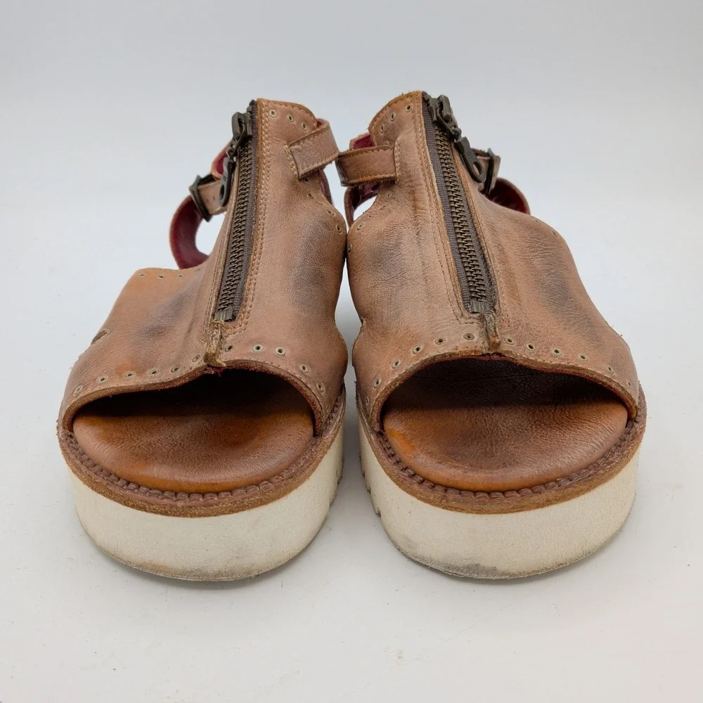 Bed Stu Clancy Tan Brown Leather Zip Platform Sandals Womens 6.5 Boho Distressed